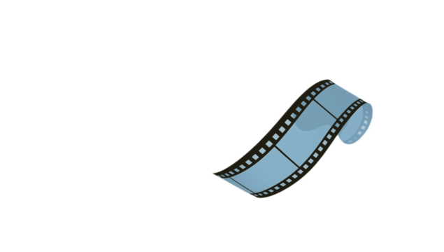 A stylized illustration of a blue film strip, curled and isolated on a white background, representing cinema and movie production