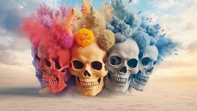 Colorful skulls rotating in the sand