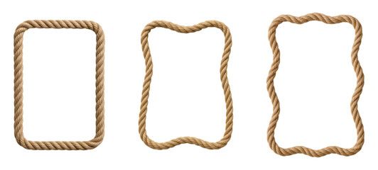 A set of three rustic brown rope frames with different border shapes, straight, wavy, and curved, for nautical themes, Isolated on Transparent and White Background © Red X and Co