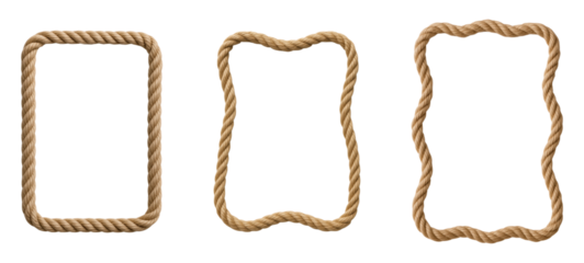 A set of three rustic brown rope frames with different border shapes, straight, wavy, and curved, for nautical themes, Isolated on Transparent and White Background