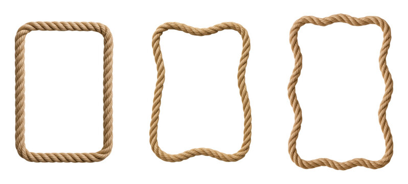 A set of three rustic brown rope frames with different border shapes, straight, wavy, and curved, for nautical themes, Isolated on Transparent and White Background