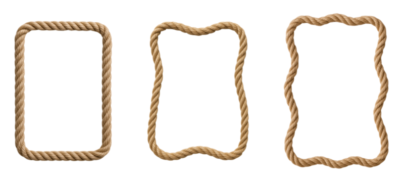 A set of three rustic brown rope frames with different border shapes, straight, wavy, and curved, for nautical themes, Isolated on Transparent and White Background