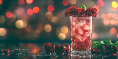 Refreshing cocktail garnished with roses on a romantic evening with bokeh background