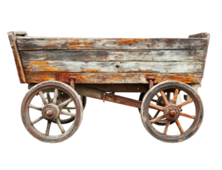 Rustic wooden cart with spoked wheels, weathered wood and aged metal fittings