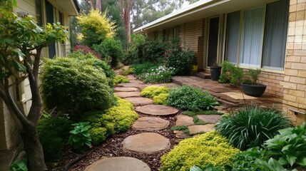 Obraz premium Serene and Lush Garden Pathway with Stone Slabs Surrounded by Vibrant Green Shrubs and Colorful Flowers in a Tranquil Residential Setting