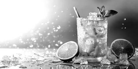 Refreshing citrus drink on a sunny backdrop with ice and