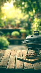 Grilling barbecue on a wooden table in a lush garden during sunset with greenery