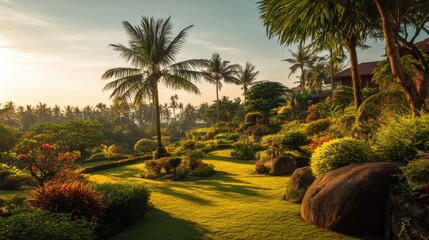 Fototapeta premium Serene Tropical Garden Landscape at Sunset with Lush Greenery and Palm Trees Surrounded by Colorful Flowers and Rocks in a Peaceful Atmosphere