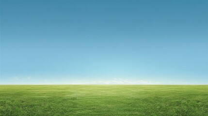 Fototapeta premium Expansive Green Landscape Under Clear Blue Sky with Soft Clouds, Perfect for Nature, Tranquility, and Outdoor Themes in Photography and Design Projects