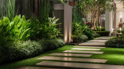 Obraz premium Tranquil evening garden pathway featuring lush greenery, modern stone slabs, ambient lighting, and serene atmosphere inviting relaxation and peace.