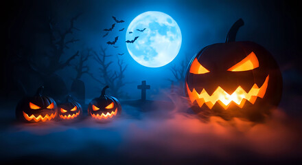 Obraz premium Illustration of evil glowing carved jack-o-lantern pumpkins, bats, moon, foggy haunted graveyard at night - horror, spooky Halloween background, festive celebration holiday, banner, poster, header