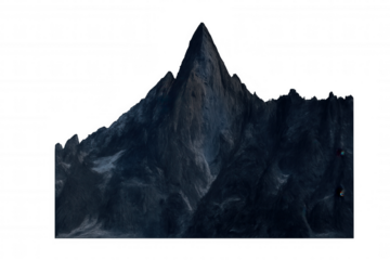 Dark rugged mountain peak on transparent background, symbolizing challenge, isolation, and natural power