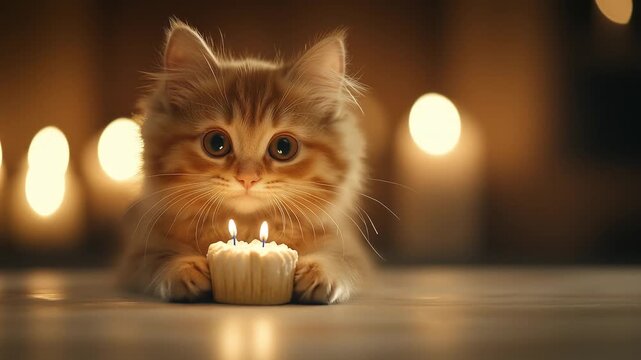 Cat with birthday candles celebrating a birthday