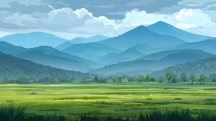 Serene Landscape with Rolling Mountains and Expansive Green Fields Under a Cloudy Sky, Ideal for Nature and Outdoor Themes