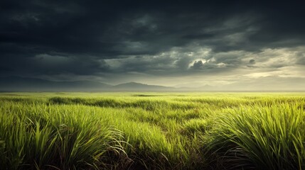 Dramatic Cloudy Sky Over Lush Green Grassland with Rolling Hills in Background during Golden Hour Light at Sunset