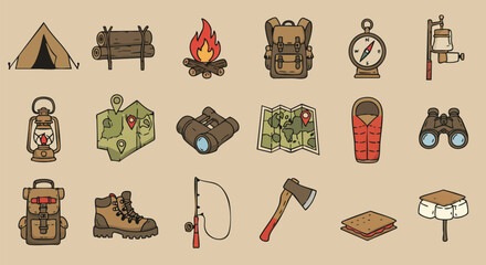 A collection of hand-drawn camping illustrations featuring a tent, campfire, backpack, compass, lantern, map, binoculars, and other outdoor adventure elements.