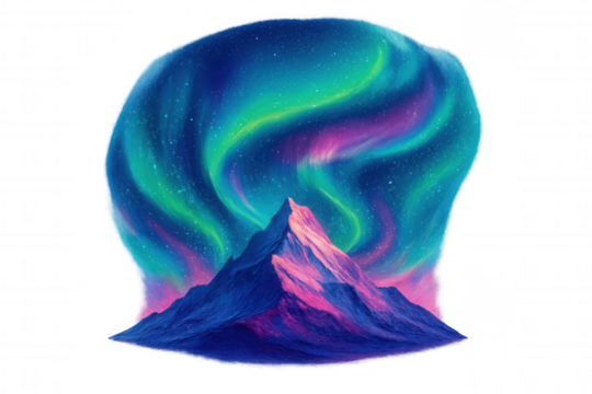 Mountain peak standing under vibrant aurora borealis light in a starry night sky, transparent background