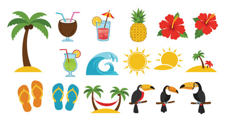 A vibrant collection of tropical illustrations showcases palm trees, refreshing cocktails, sunny skies, and exotic toucans, perfect for summer designs.