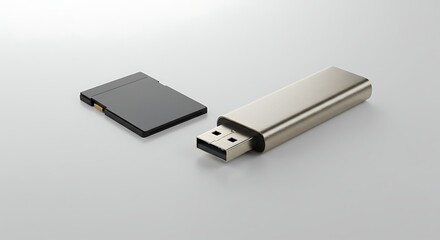 Close-up view of a memory card and a sleek metallic USB flash drive on a neutral background