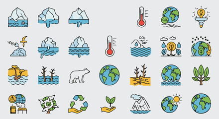 Colorful vector icons depict environmental concerns, including melting glaciers, rising temperatures, and the importance of conservation for a sustainable future.
