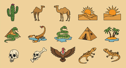 A collection of desert-themed illustrations featuring a cactus, camels, snakes, scorpions, pyramid, and other desert elements, perfect for various design projects.