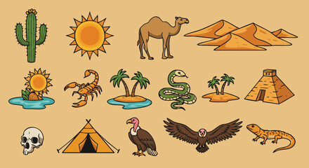 An illustrated collection showcases desert elements, including a cactus, sun, camel, sand dunes, scorpion, snake, and ancient pyramid, all in a vibrant style.