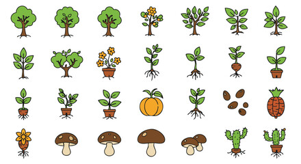 A vibrant collection of illustrated plants, trees, and various flora, perfect for design projects, showcasing diverse botanical elements.