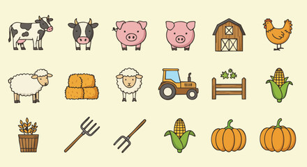 A vibrant illustration showcasing various farm animals, crops, and tools, perfectly capturing the essence of rural life and agricultural practices in a colorful array.