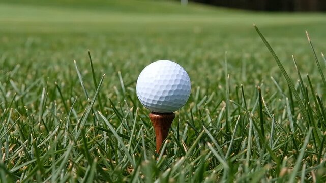 White dimpled golf ball resting on a wooden tee in bright green grass