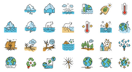 A collection of colorful icons representing climate change, global warming, and environmental issues, suitable for educational and illustrative purposes.