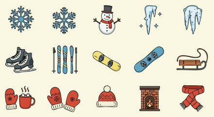 A collection of winter-themed vector icons, including snowflakes, a snowman, ice, skates, skis, a snowboard, a sled, and cozy winter accessories.
