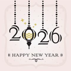Black isolated and golden hanging 2026 number and ornament with Happy New Year message greeting card on pink gradient background