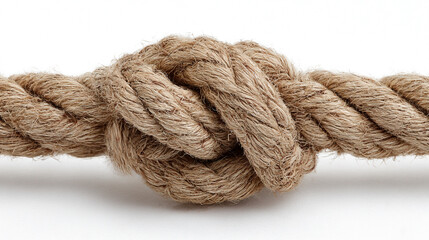 Thick natural fiber rope intricately tied in a strong, complex knot, symbolizing strength, craftsmanship, durability, and connection in a minimal, detailed composition.