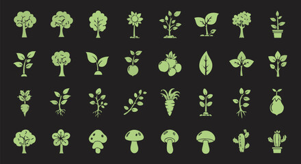 A collection of various green plant illustrations, including trees, flowers, and other botanical elements, set against a dark background.