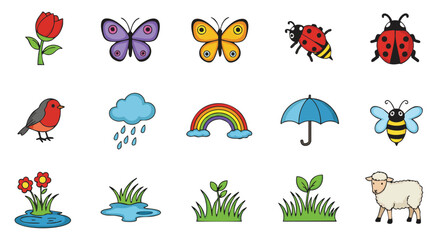 A vibrant collection of colorful illustrations showcasing nature's beauty, including flowers, butterflies, insects, weather elements, and cute animals in a playful design.