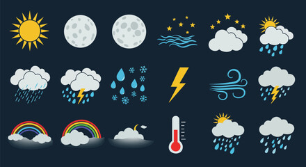 Illustrated weather icons depict various conditions, including sunny, cloudy, rainy, snowy, and stormy, suitable for meteorological presentations and educational materials.
