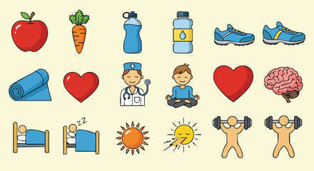 This vector illustration showcases healthy living elements, including fruits, water bottles, exercise, mindfulness, and sleep, promoting well-being and a balanced lifestyle.