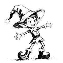 Fototapeta premium A whimsical and enchanting illustration of a festive elf, capturing the spirit of joy, holiday cheer, and the magic of winter with a black and white, cartoonish style.