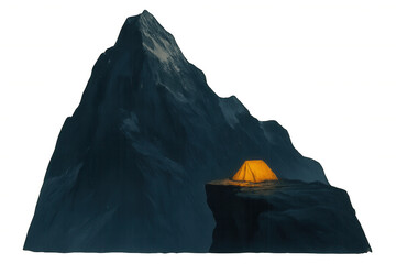Illuminated tent camping on mountain cliff at night, finding solitude and adventure in nature, transparent background