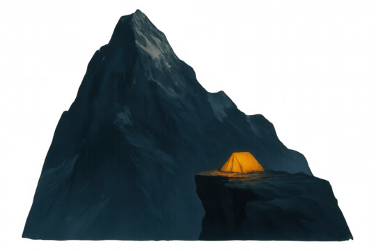 Illuminated tent camping on mountain cliff at night, finding solitude and adventure in nature, transparent background