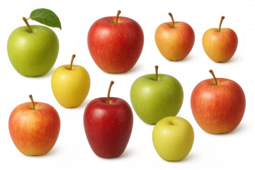 Group of fresh and healthy apples in various colors and sizes, concept of harvest, natural food and healthy eating