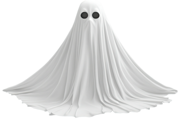 White draped ghost-like figure with dark eyes, on a transparent background