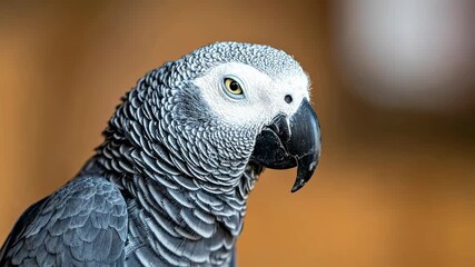 Close-up of a beautiful African Grey Parrot with striking yellow eyes and grey feathers, looking curiously to the side.