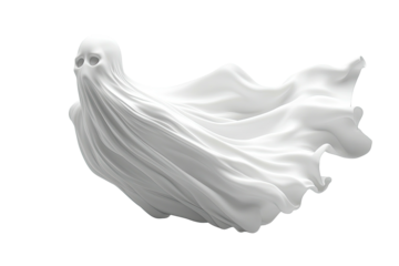 White ghost form shrouded by flowing fabric, eyeholes peering through
