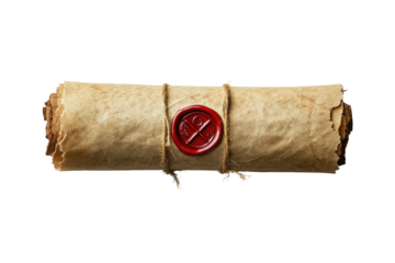 Rolled parchment scroll bound with twine and sealed in red wax