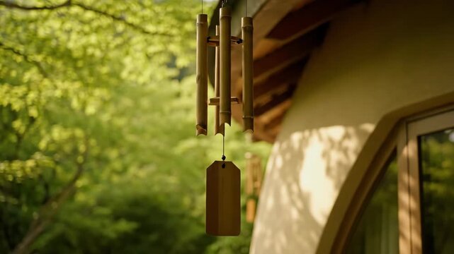 Bamboo wind chimes hanging outside in a green garden setting