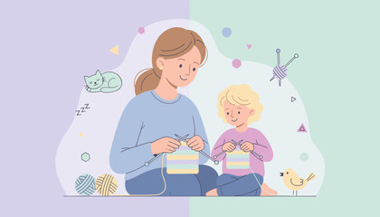 Happy mother and daughter knitting bonding over a creative relaxing pastime