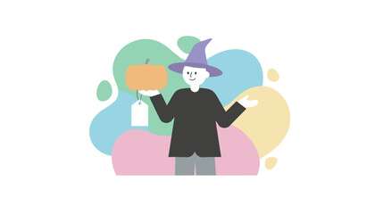 Friendly wizard character holding a pumpkin with a price tag Halloween shopping concept