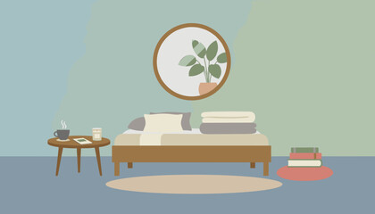 Minimalist bedroom with cozy bed mirror coffee candle and books for tranquil relaxation