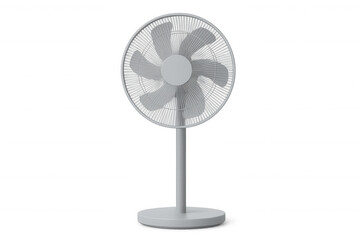 Obraz premium Electric stand fan with white casing and propeller blades, offering ventilation and refreshing airflow, isolated on transparent background